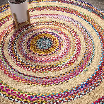 Rag & Jute Round Rug 4 Ft Multi/Natural, Geometric Natural Fiber Rug