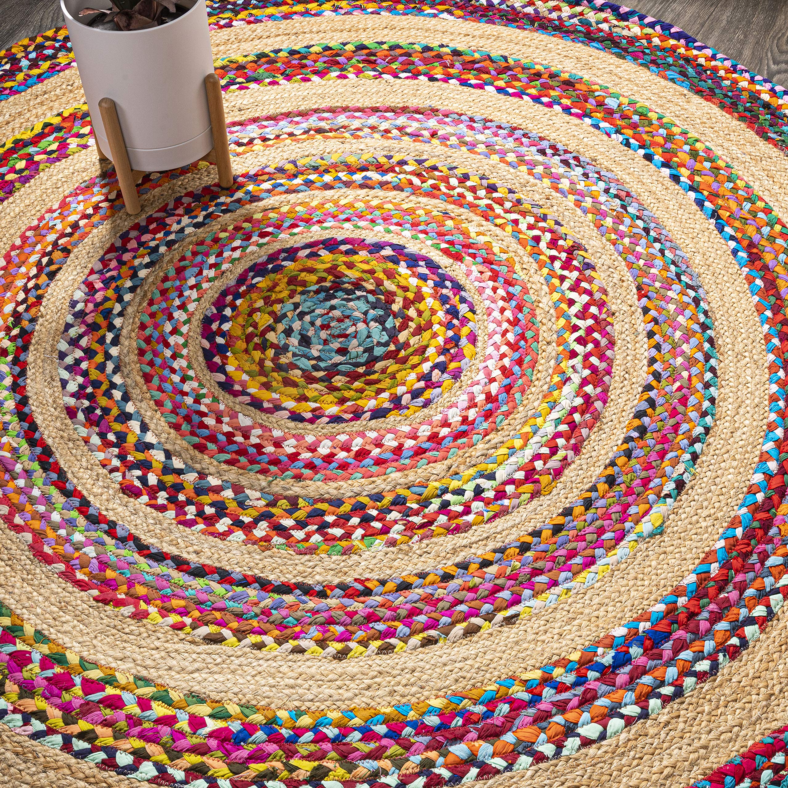 Eyely FNR105A-4R ANSA Collection Isla Round Boho Braided Rag & Jute Indoor Area Rug Geometric;Bohemian;Casual, Bedroom, Kitchen, Living Room,