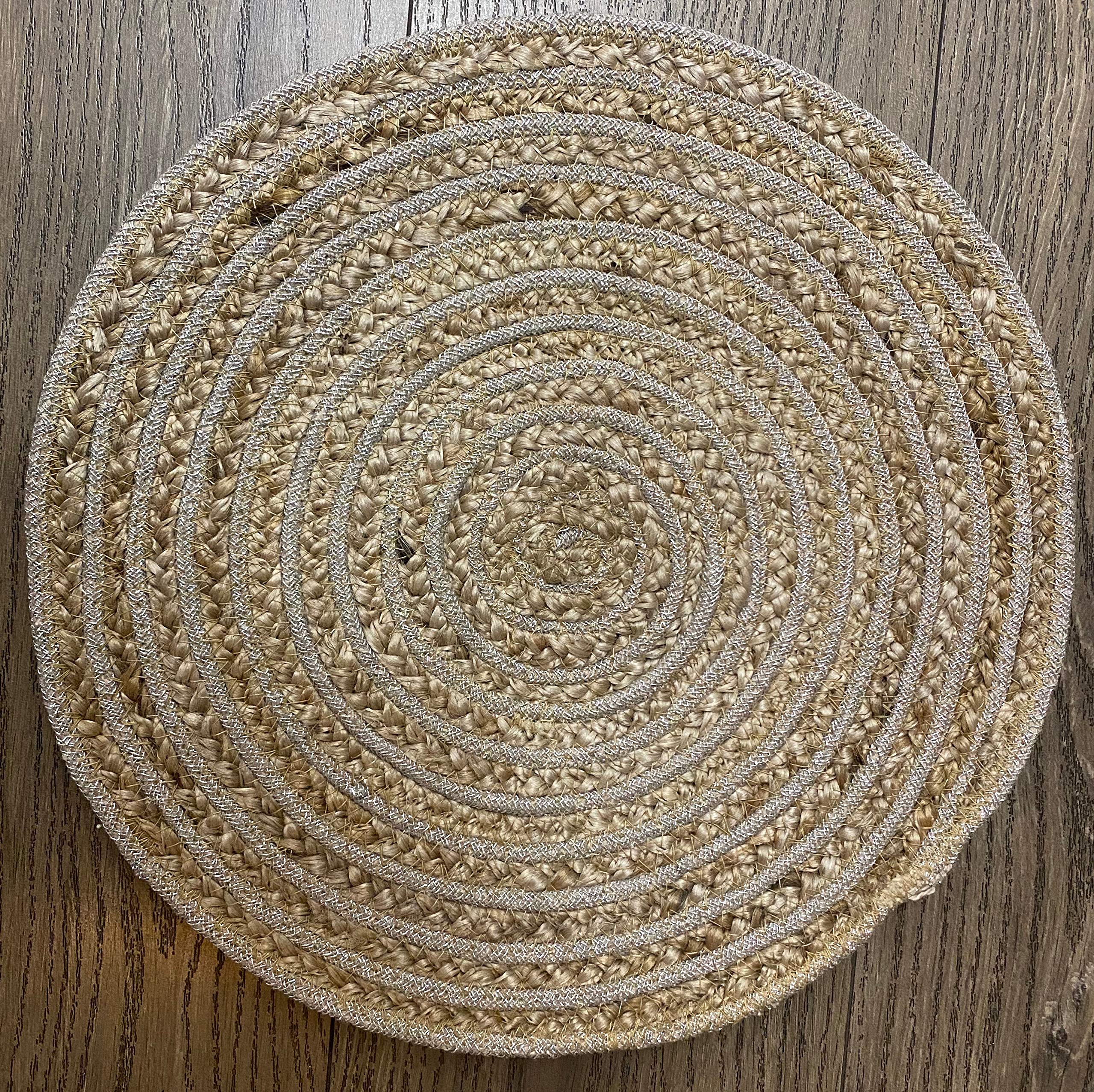 PartyStuff Jute Silver Lurex Handmade Braided Vintage Placemat for Dining Table, Bedside Table, Plate mat, Decoration mat (Round, 35x35cm, Pack of 6) (B08JY6YLTS) Amazon Price History, Amazon Price Tracker