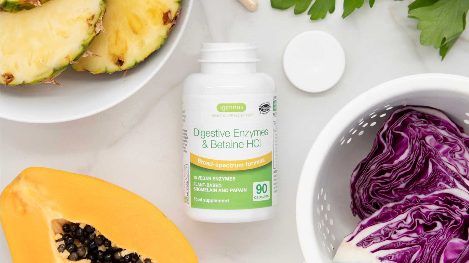 Amazon.com: Igennus Fast Action 消化酶和甜菜鹼HCl,10  種廣譜酶,含蛋白酶、脂肪酶和乳糖酶、木瓜蛋白酶和鳳梨蛋白酶、植物基素食主義者、清潔標籤,適合女性和男性,90 粒膠囊: