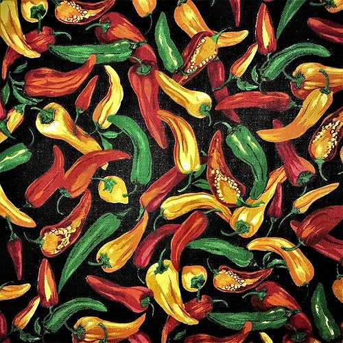 SAL TEX FABRICS, Colorido Hot CHILIS polialgodón impresión tela fondo blanco o fondo negro, vende por yarda (negro)