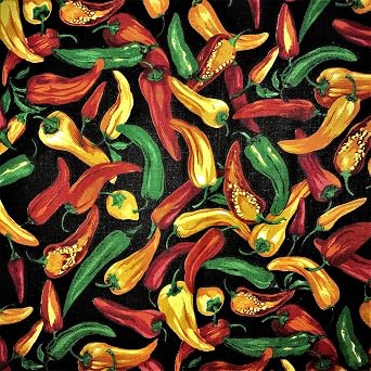 SAL TEX FABRICS, Colorful HOT CHILIS Poly Cotton Print Fabric White Background OR Black Background, Sells BY THE Yard Black
