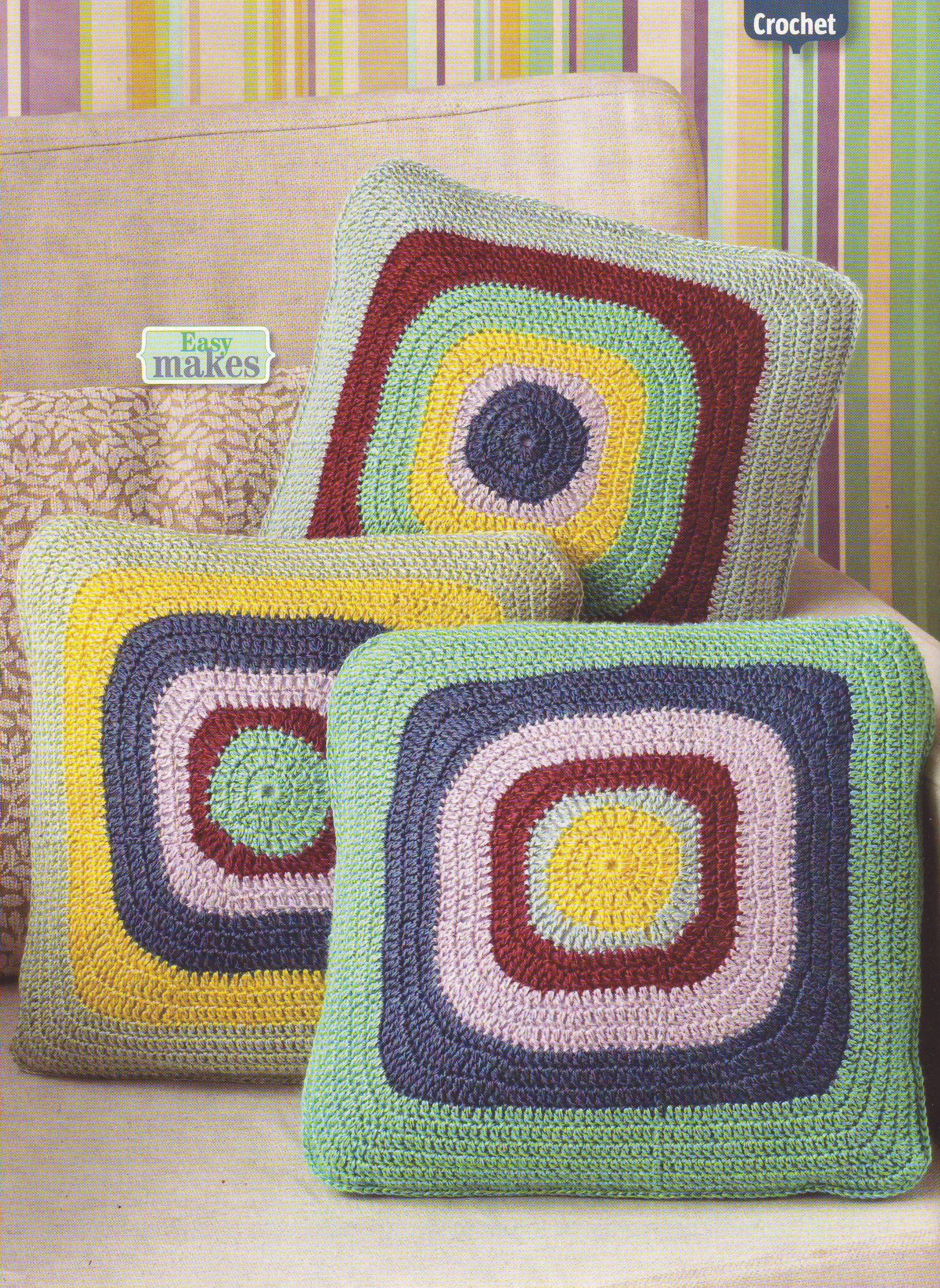 Bullseye style retro Cushion Covers Crochet Knitting Pattern: Measurements 30cm x 30cm Materials Yeoman Panama 4ply (Woman's Weekly Magazine Pull Out Pattern)