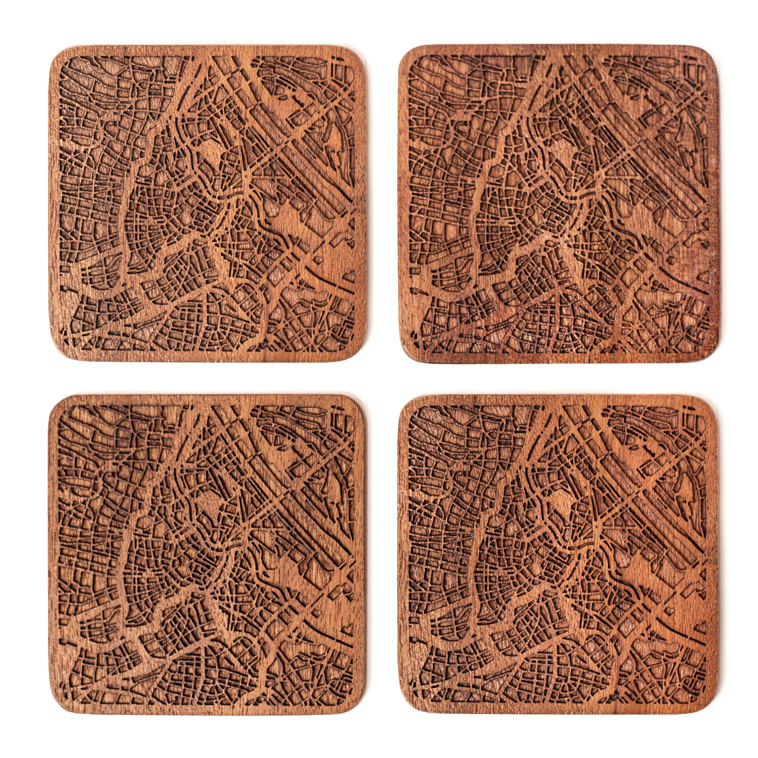 O3 Design Studio Brown Vienna Map Coaster, Set Of 4, Sapele Wooden Coaster With City Map, Handmade