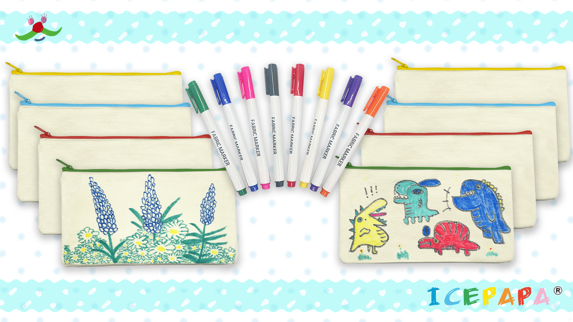 ICEPAPA Set Creativo Per Bambini: 8 Astucci In Tela Bianca E 8 Pennarelli Per Tessuti - Gadget Festa Compleanno