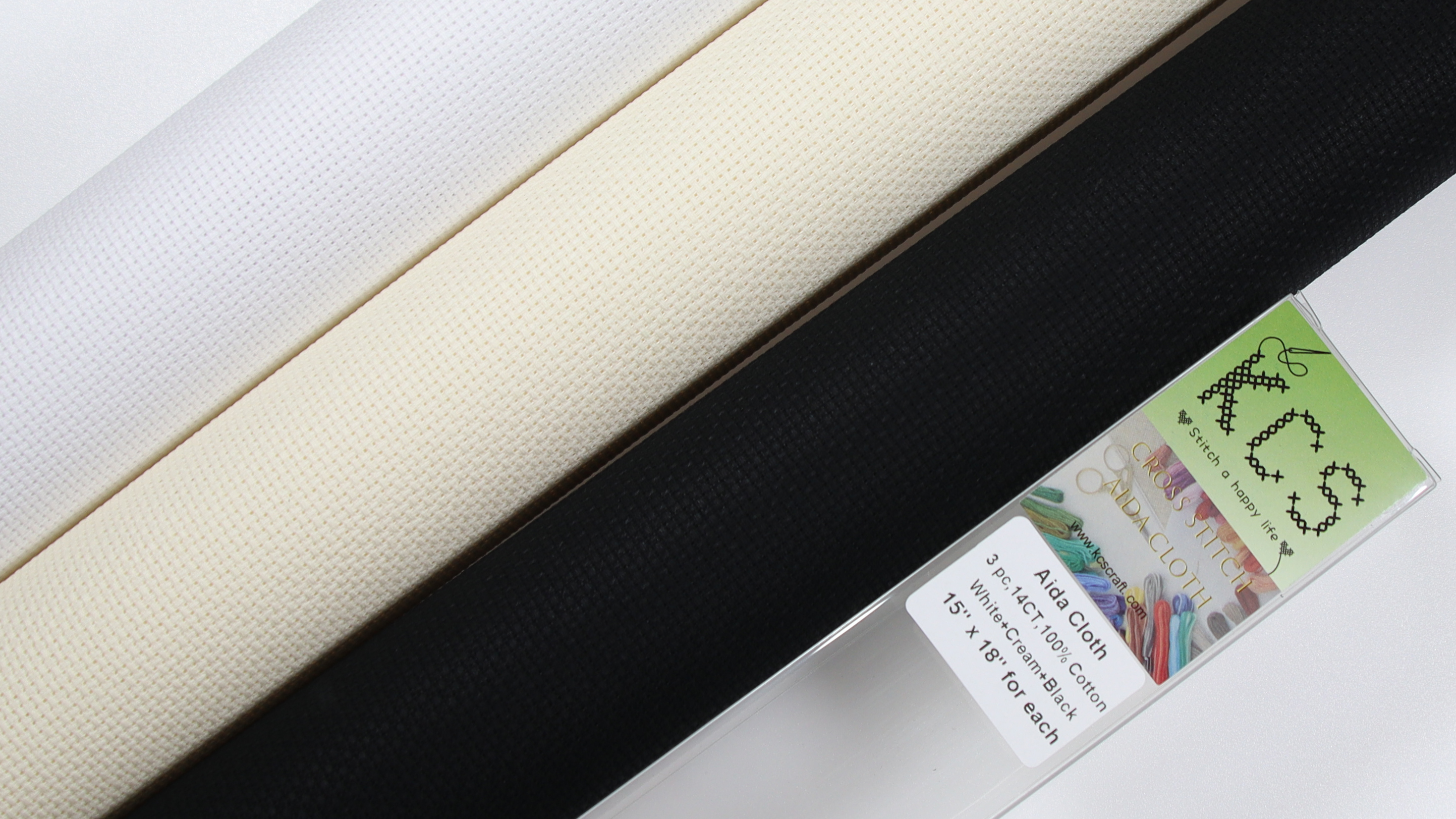 Image of KCS 3 pc of 15 inch x 18 inch Counted Cross Stitch Cotton Aida Cloth Needlework Rolled Fabric Box,14CT,White+Cream+Black