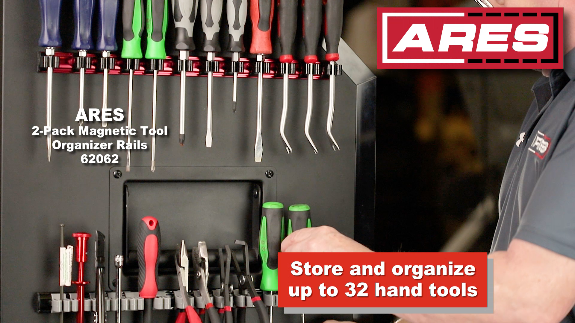 ARES 62028 - Green 16.5-Inch Hand Tool Holder - Aluminum Rail Stores Up To 16 Screwdrivers Or Small Tools And Keeps Your Garage Organized - View #3