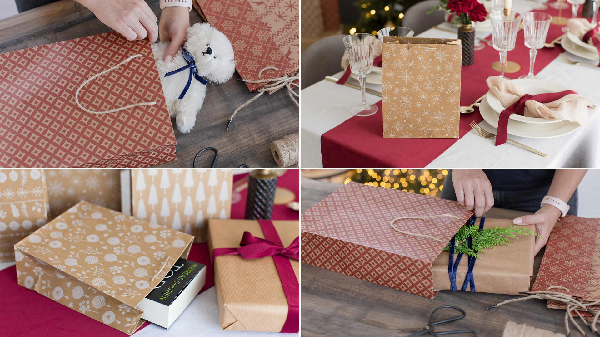 100% Mosel Sacchetti Regalo Natale, in Marroncino/Rosso, 12 Pezzi (25 x 34 x 8 cm), Sacchetto Natalizio in Carta Kraft, Sacchetto Regalo in stile Scandinavo
