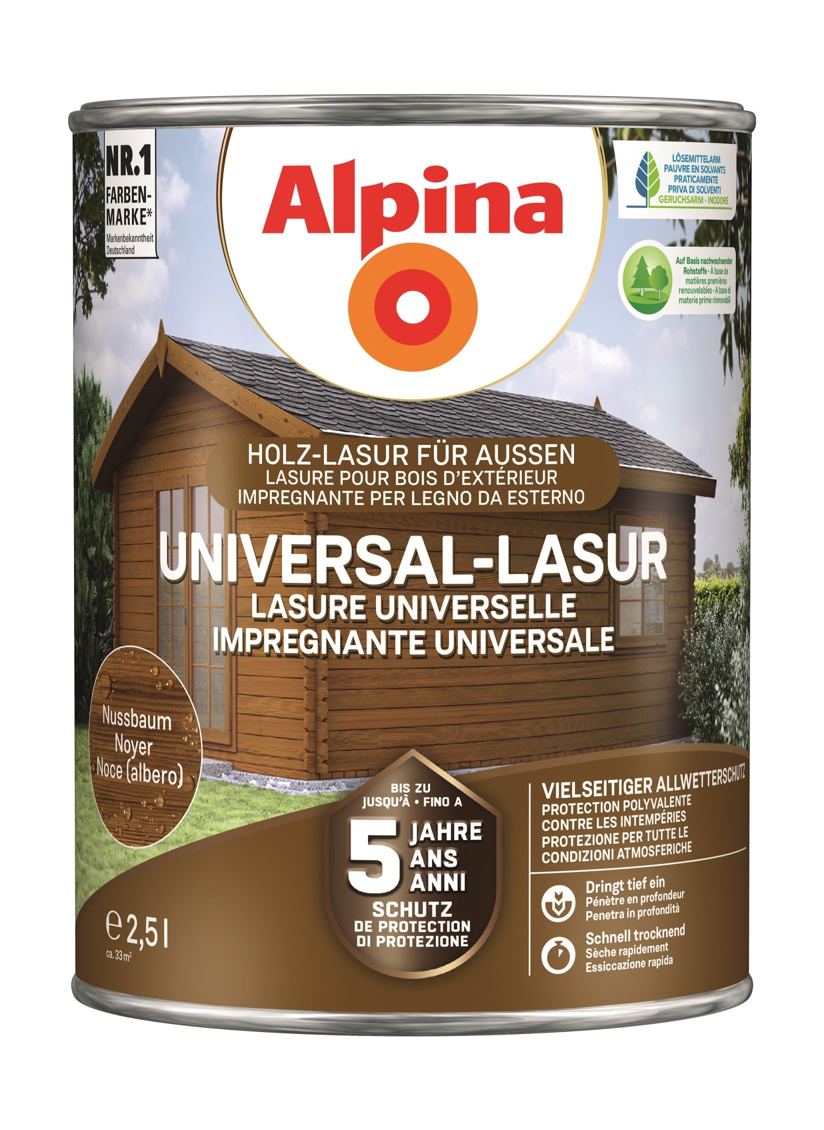 Alpina Universal-Schutz Lasur Nussbaum – tropf- und spritzgehemmt – 2,5 L