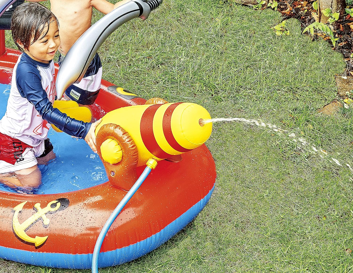 JILONG JL-688031 RD Pirate Spray Pool, 66.9 x 45.3 x 35.4 inches (170 x 115 x 90 cm), Inflated Size, Includes Drain Plug
