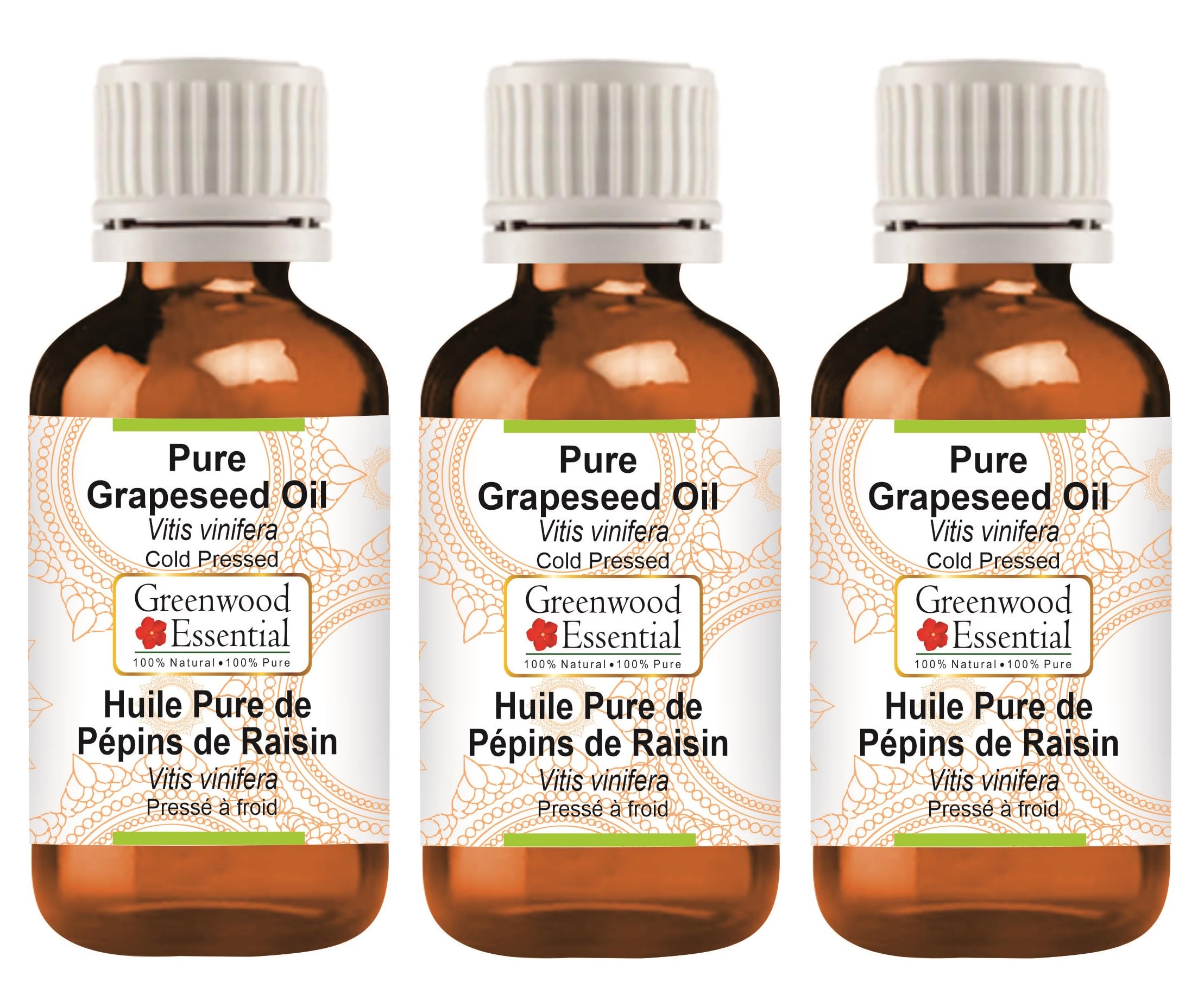 Greenwood Essential Huile de pépins de raisin naturelle (Vitis vinifera) pressée à froid, 100 ml x 3 (10 oz)