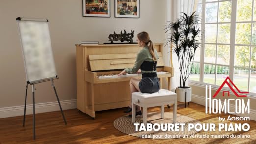 HOMCOM Banc de Piano Banc de Clavier Hauteur Réglable Bois Massif Blanc - Les Beatles, Paul McCartney, John Lennon, RIngo Starr, George Harrison HOMCOM Banc de Piano Banc de Clavier Hauteur Réglable Bois Massif Blanc