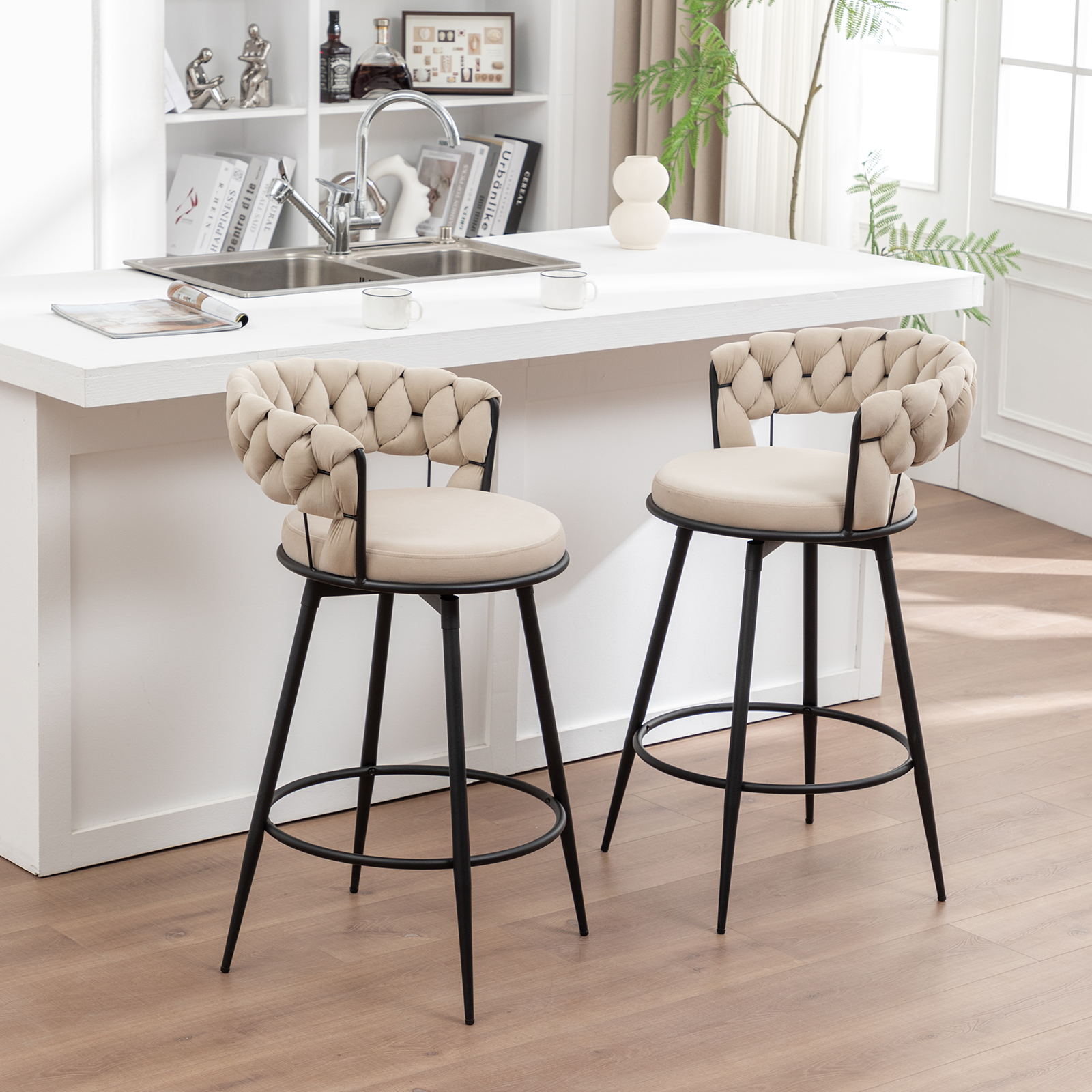 Set de 4 Butacos Giratorios Modernos con Respaldo Tejido, Asientos de Terciopelo para Cocina, Isla, Café, Color Azul miniatura 7