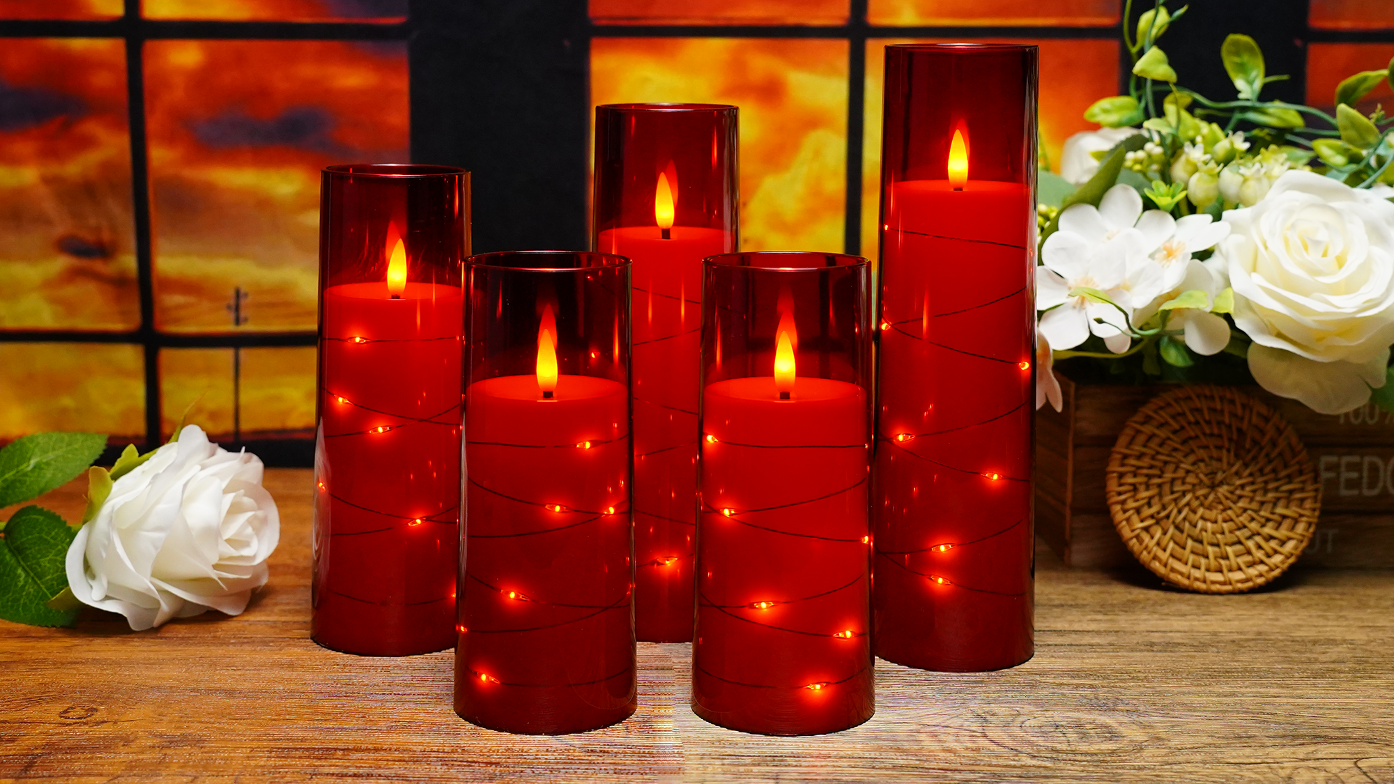Flameless LED Candles with Timer 5 Pc Flickering Flameless Candles for Romantic Ambiance and Home Decoration Stable Acrylic Shell,with Embedded Star String,Battery Operated Candles(Red) - Image 8