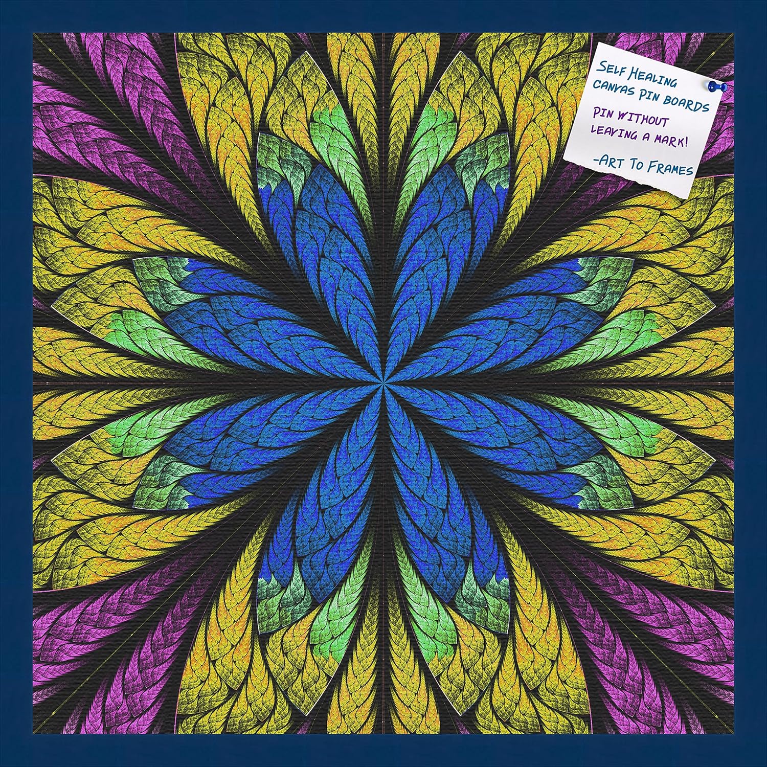 Decorative bulletin board made from self-healing canvas by PinPix, Fractal Psychedelic Flower printed at 24x24 and framed in Blue Stain on Beech