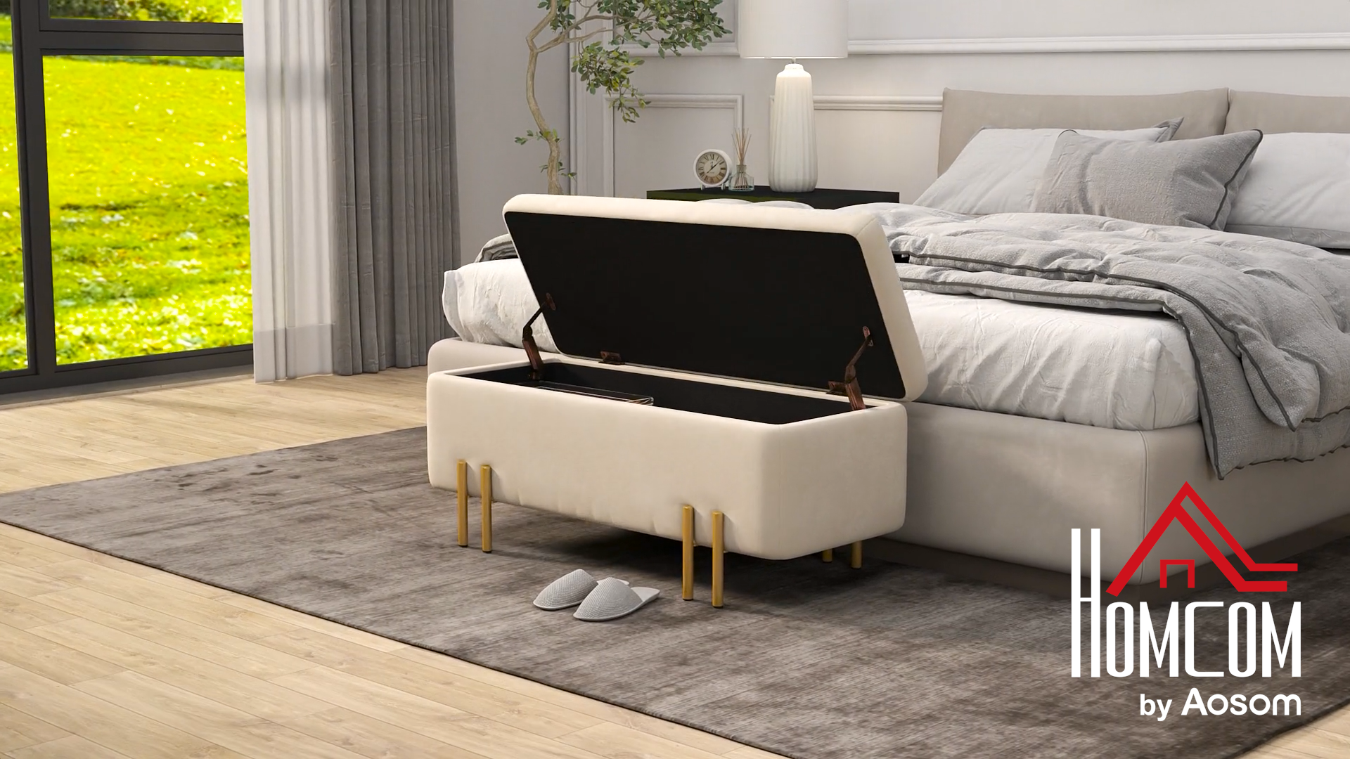 HOMCOM Banc De Rangement Coffre De Rangement Design Contemporain- Banc Avec Espace De Stockage - Dim. 100L X 40l X 42H Cm - Velours Beige Piètement Métal Doré