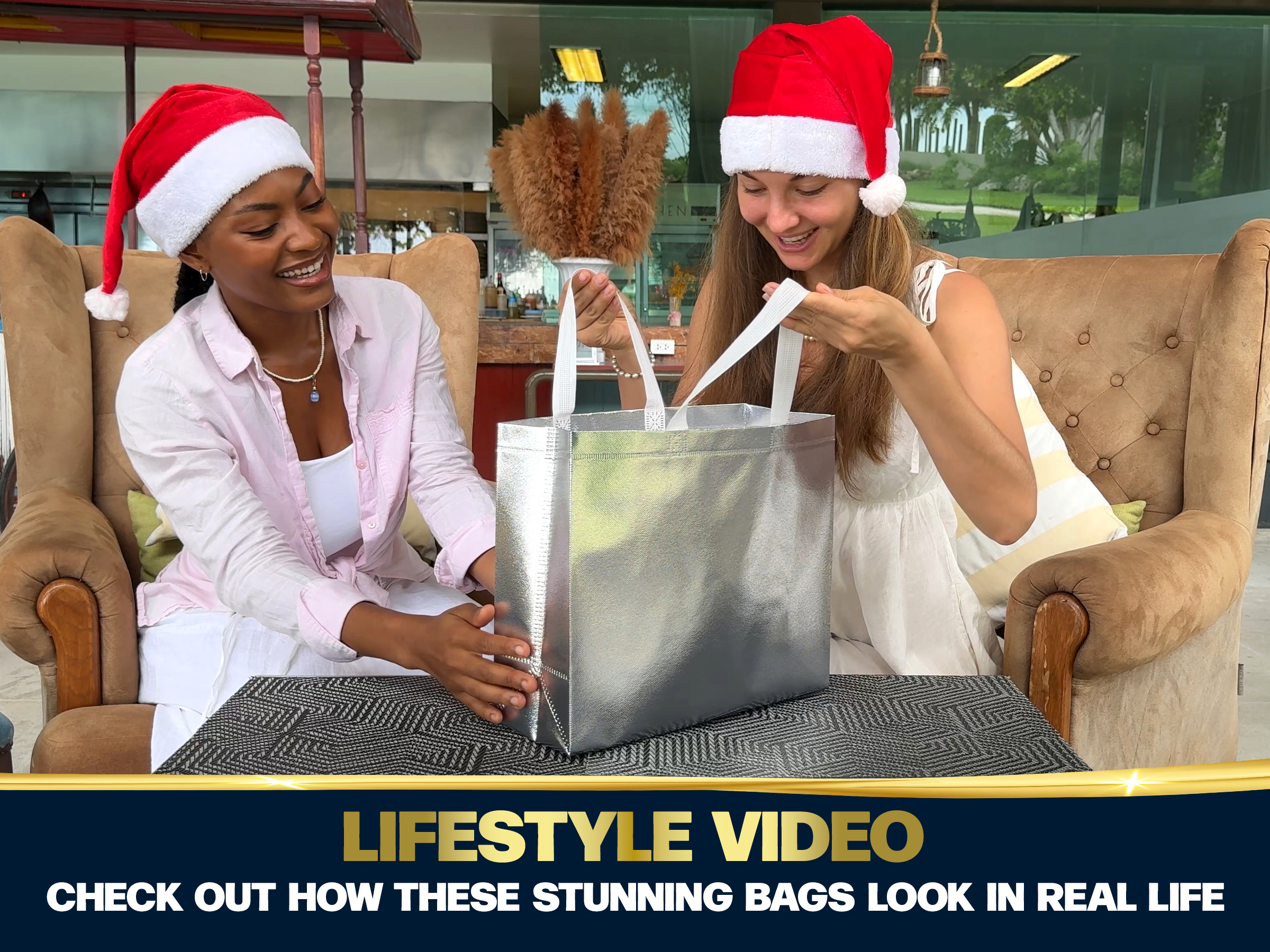 Nush Nush Silver Gift Bags Large Size - Set of 15 Reusable With White Handles - Perfect for Christmas, Goodie, Birthday, Party Favor - 13Wx5Dx11H