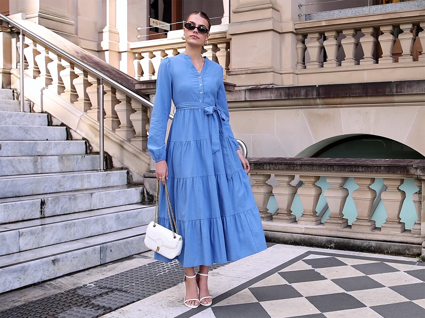 PRETTYGARDEN Maxi Dresses for Women Spring Long Sleeve V Neck Belted A Line Flowy Boho Wedding Guest Dress Pockets (Light Blue,Small) at Amazon Women's Clothing store
