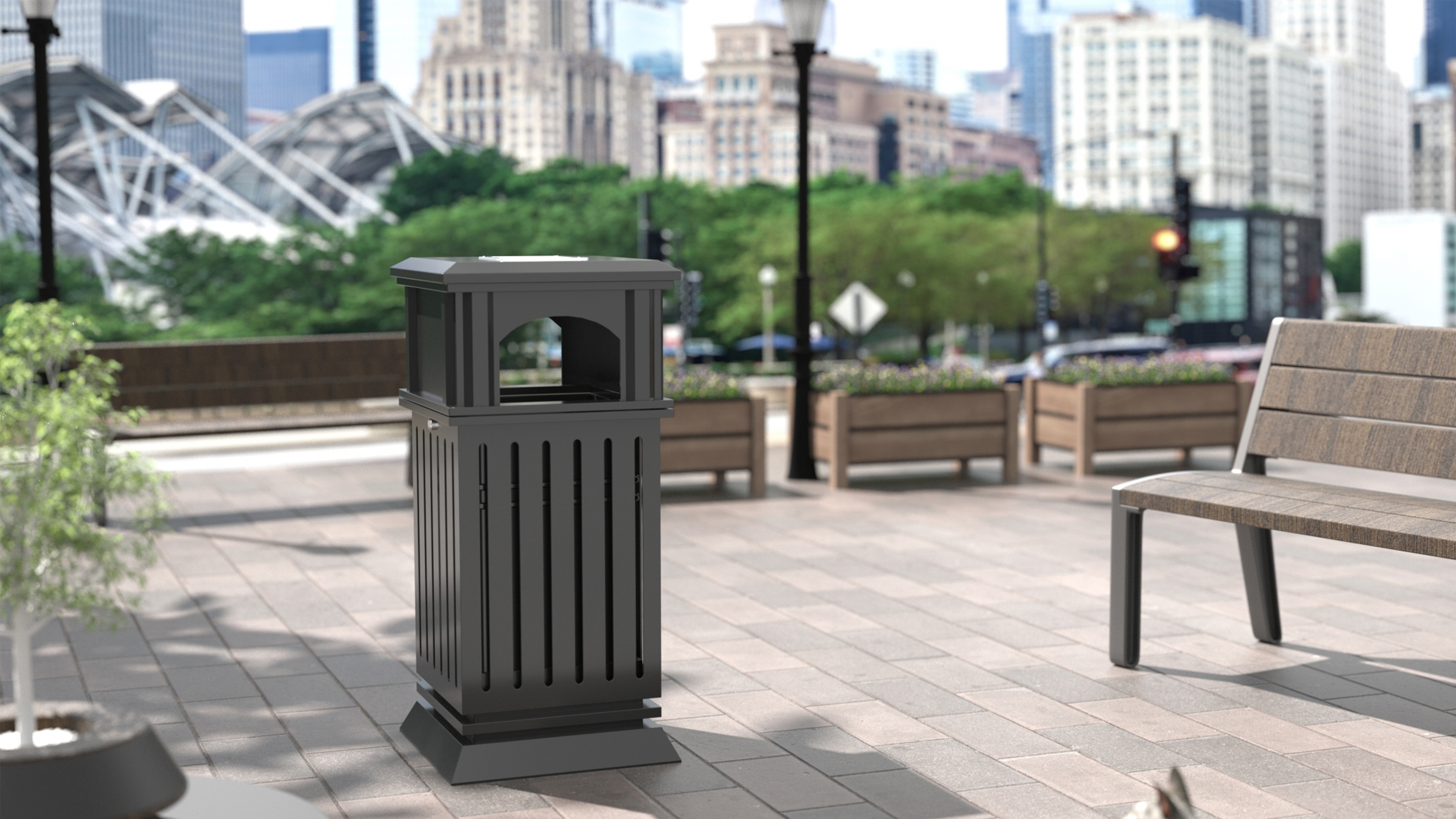 Image of IRONWALLS Commercial Trash Can with Lid, Black Outdoor Garbage Can for Patio, Side Opening Steel Square Commercial Waste Bin, Decorative Trash Container with Removable Inner Bucket for Park, Garden