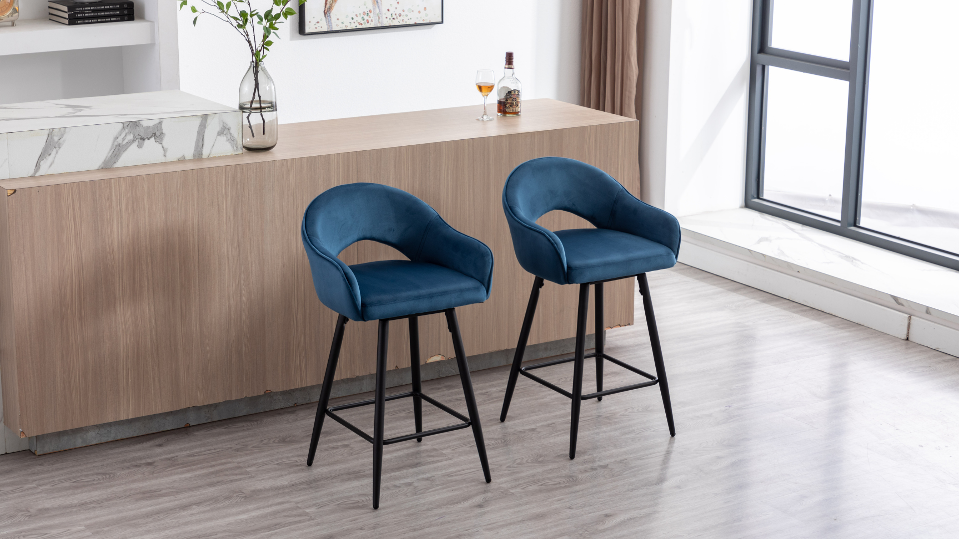 Tabourets De Bar Velours Bleu – Lot De 2, Dossier Boutonné, Jambes Bois, Hauteur 63.5 Cm, Sans Bras - 7