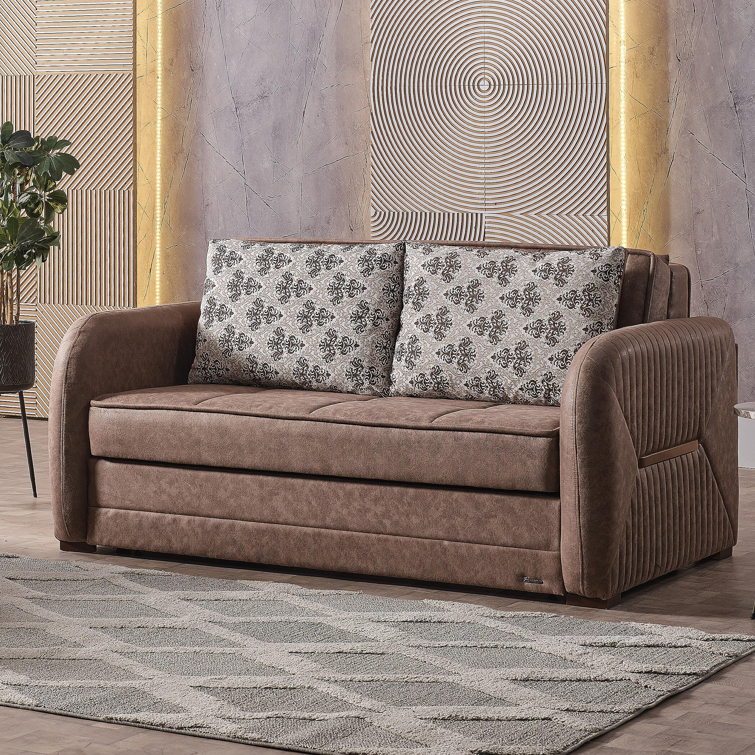 Sweethome Stores 67" Pull Out Loveseat with Storage, Firm, Fabric, 450 lbs Capacity, Sleeper, Futon for Living Room or Home Office Convertible Small Sofa, FunctionOut, Brown Suede