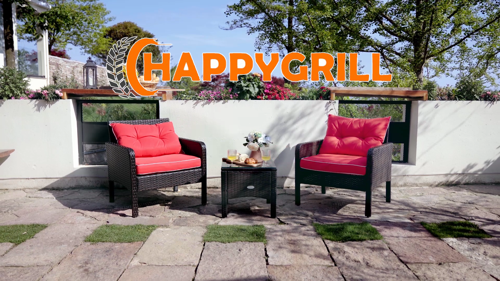 COSTWAY 3 Pezzi Set Mobili da Giardino, Set da Esterno con Cuscini 2 Sedie e 1 Tavolino con Piano in Vetro, in Rattan PE, Ideale per Balcone Terrazza Giadino, Grigio