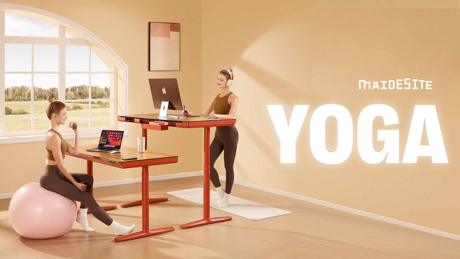 MAIDeSITe Yoga Elektrisch Höhenverstellbarer Schreibtisch – Mit Wireless Charging, Versteckter Schublade & Smart-Steuerung (73–118 Cm, 120 Kg Tragkraft)