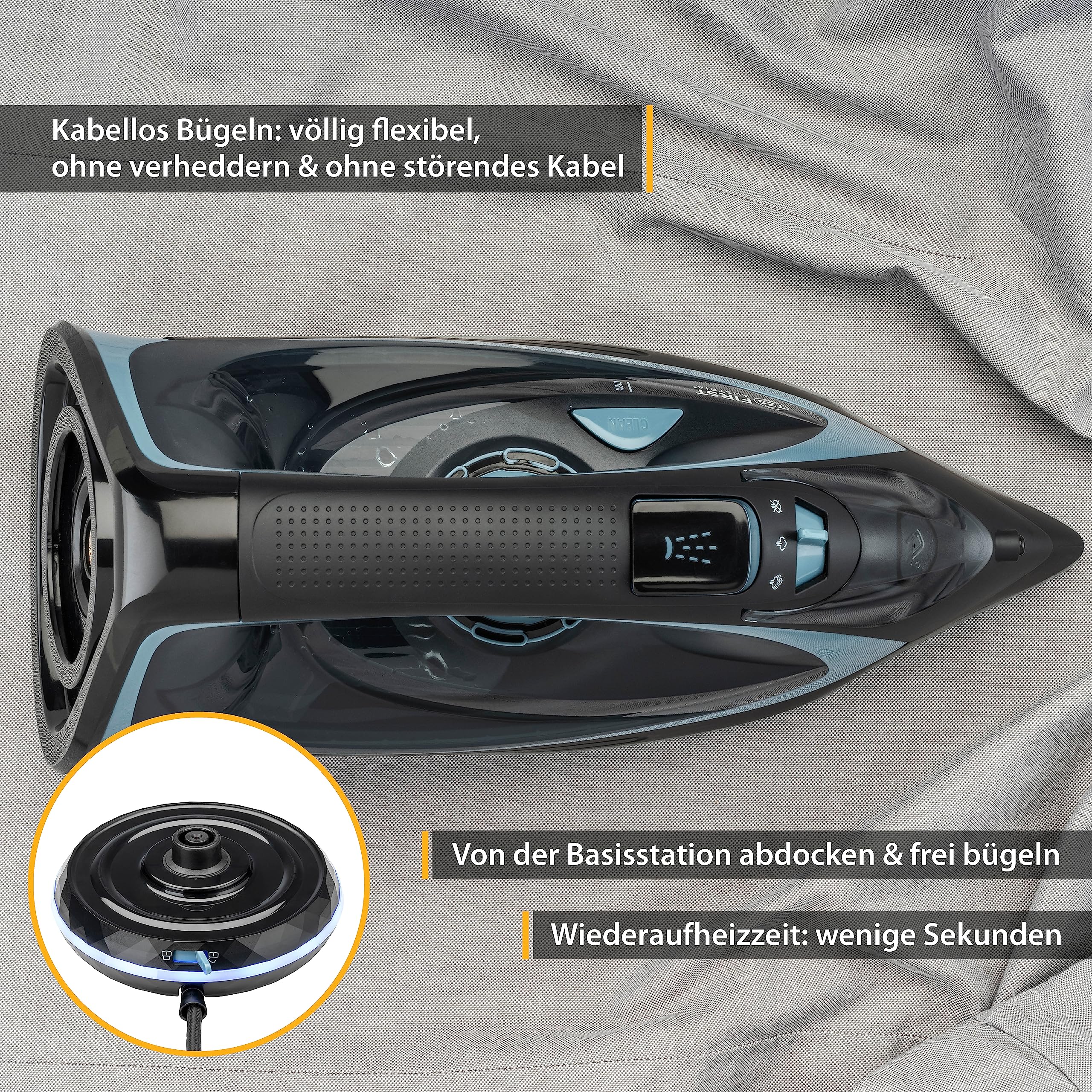 TZS First Austria - Dampfbügeleisen kabellos mit Station 2400W - Schnurloses Dampf Bügeleisen 450 ml Tank mit Tropfstop, verstellbarer Temperatur, Dampfstärke & Keramik Bügelsohle - Mit Vertikaldampf