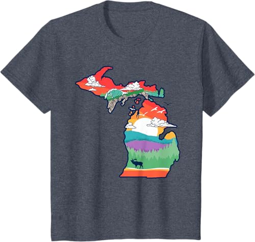 Miniatura 40 de Michigan Outside Vintage Nature Illustration Artistic T-Shirt Slate Grey,White,Baby Blue,Red,Silver Grey,Dark Green,Kelly Green,Olive Green,Lemon