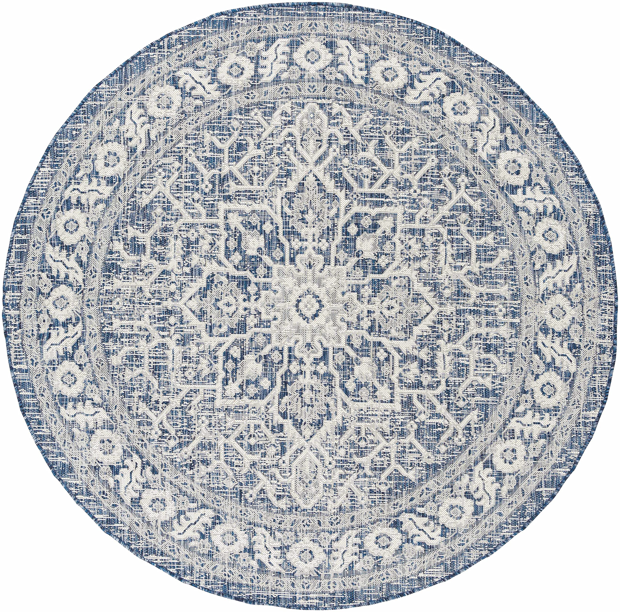 Hauteloom Etoile Living Room, Bedroom Patio Outdoor Area Rug - Traditional - Navy, Light Blue, Blue - 6'7" Round