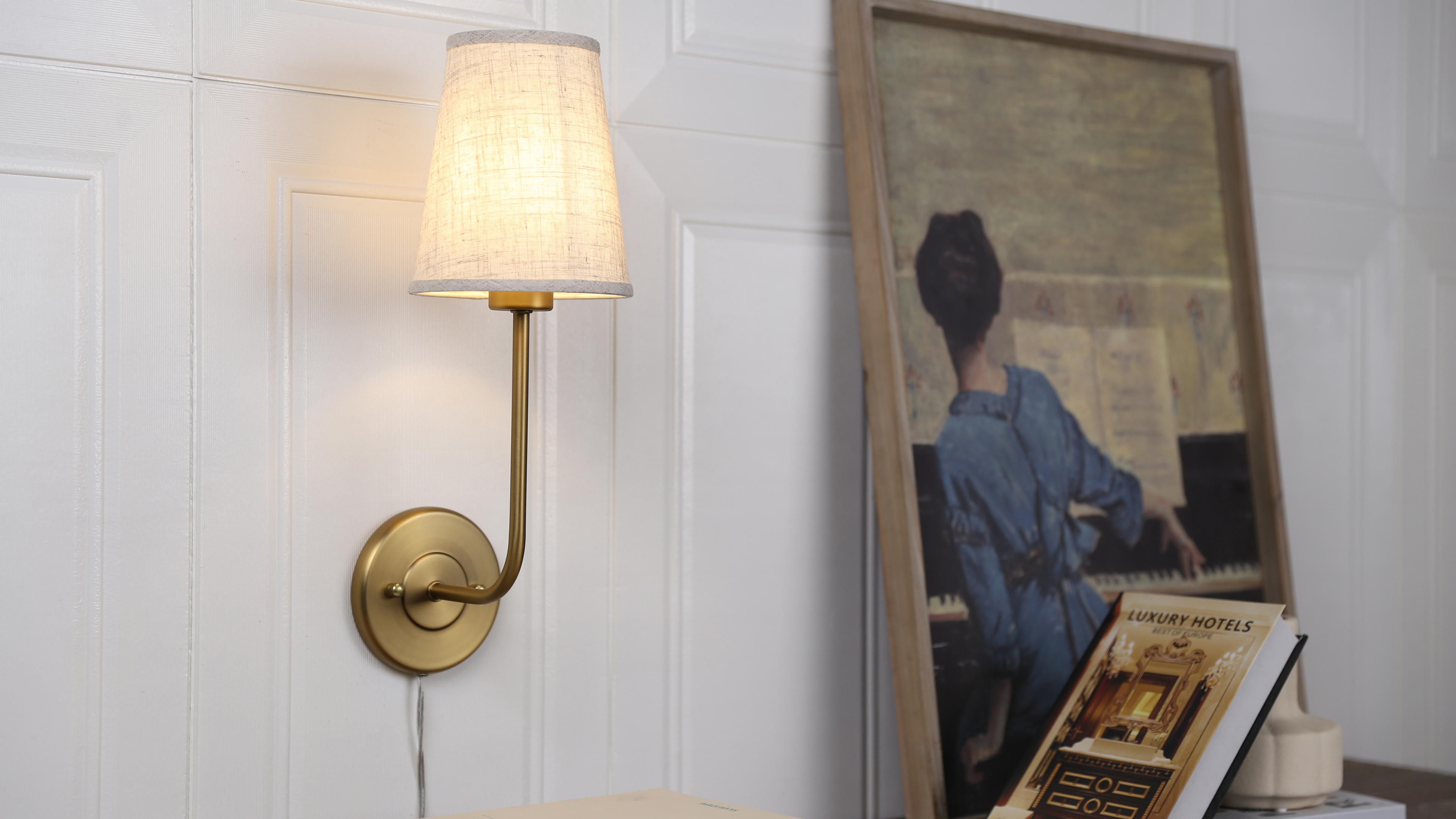 Image of Pathson Set of 2 Plug in Fabric Wall Sconce Linen Cloth Shade, 1-Light Vintage Wall Light Fixture for Living Room Bedroom