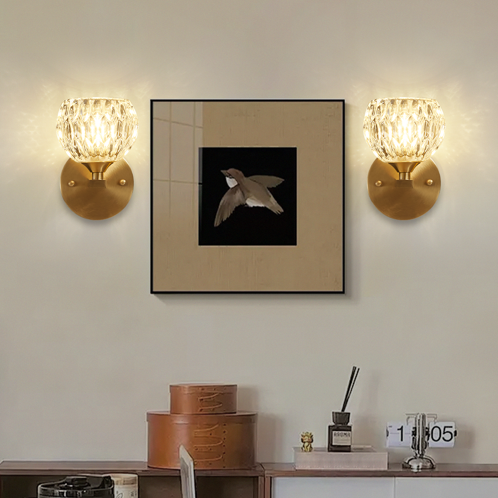 Image of Vintage Wall Sconces Set of 2 Antique Wall Light Gold Glass Wall Lamp Sconces Hardwired Indoor Wall Light Fixtures for Bedroom Living Room Bedside G9*2(Bulb Includ)