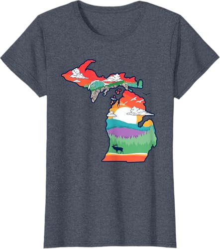 Miniatura 62 de Michigan Outside Vintage Nature Illustration Artistic T-Shirt Slate Grey,White,Baby Blue,Red,Silver Grey,Dark Green,Kelly Green,Olive Green,Lemon