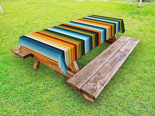 Lunarable Mantel a rayas para exteriores, inspiraciones mexicanas en líneas horizontales hechas a mano con estilo ornamental tejido, mantel