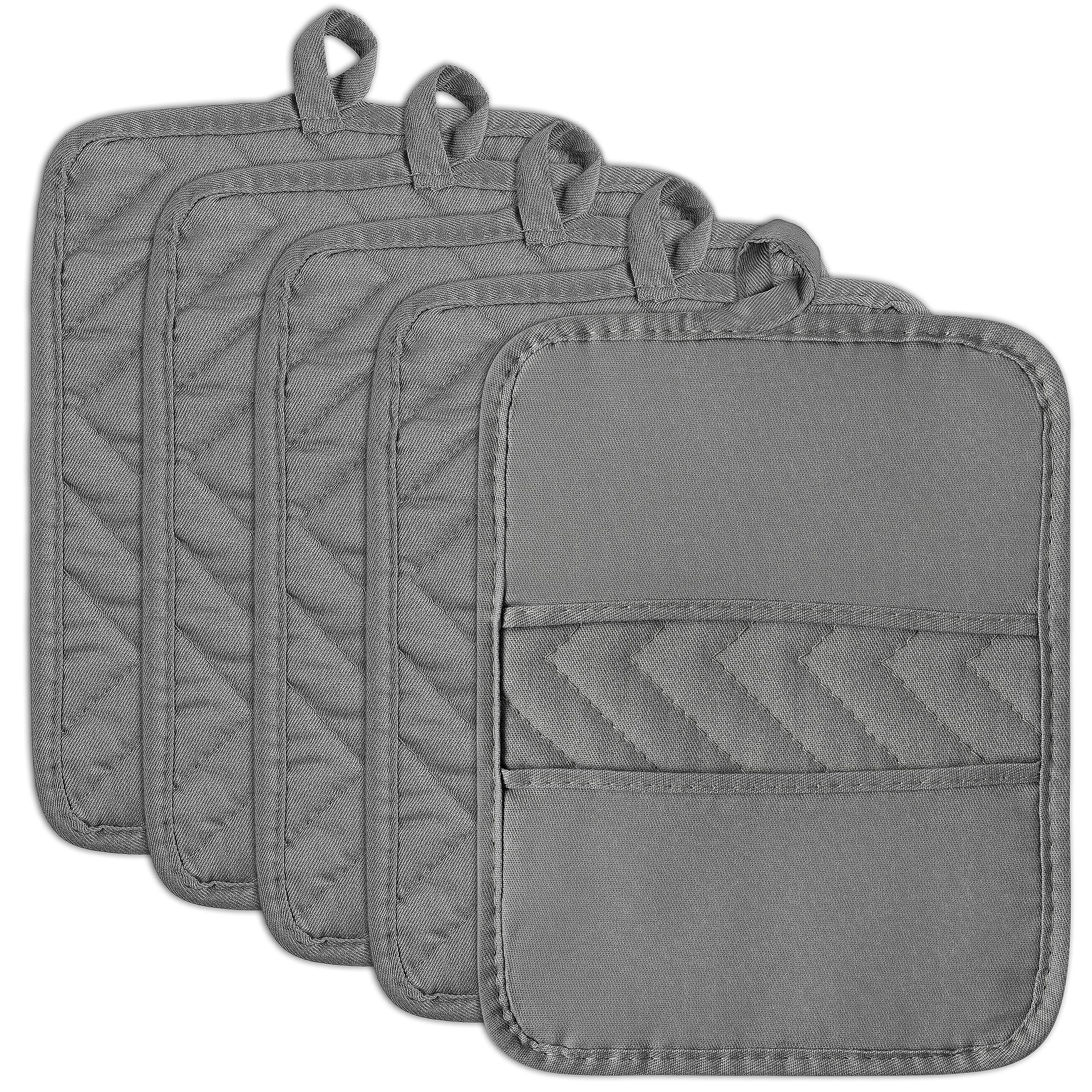 GROBRO7 5Pcs Pot Holders Cotton Heat Resistant Potholder Set with Two Pockets & Hanging Loop Multipurpose Hot Pads Trivet Machine Washable Oven Mitts for Kitchen Cooking and Baking 7 x 9 Inch Grey