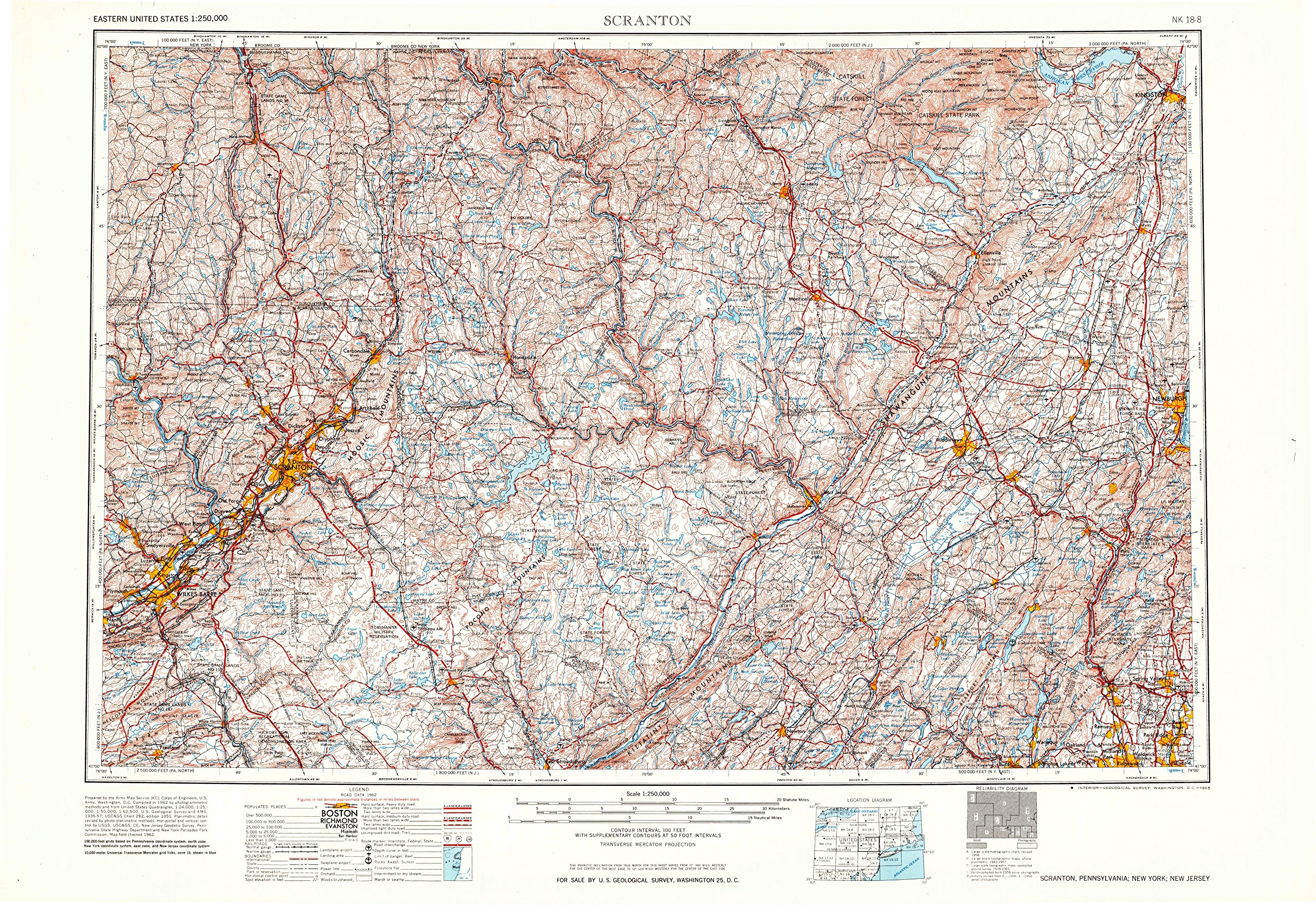 YellowMaps Scranton PA topo map, 1:250000 Scale, 1 X 2 Degree, Historical, 1965, 22 x 31.9 in - Polypropylene