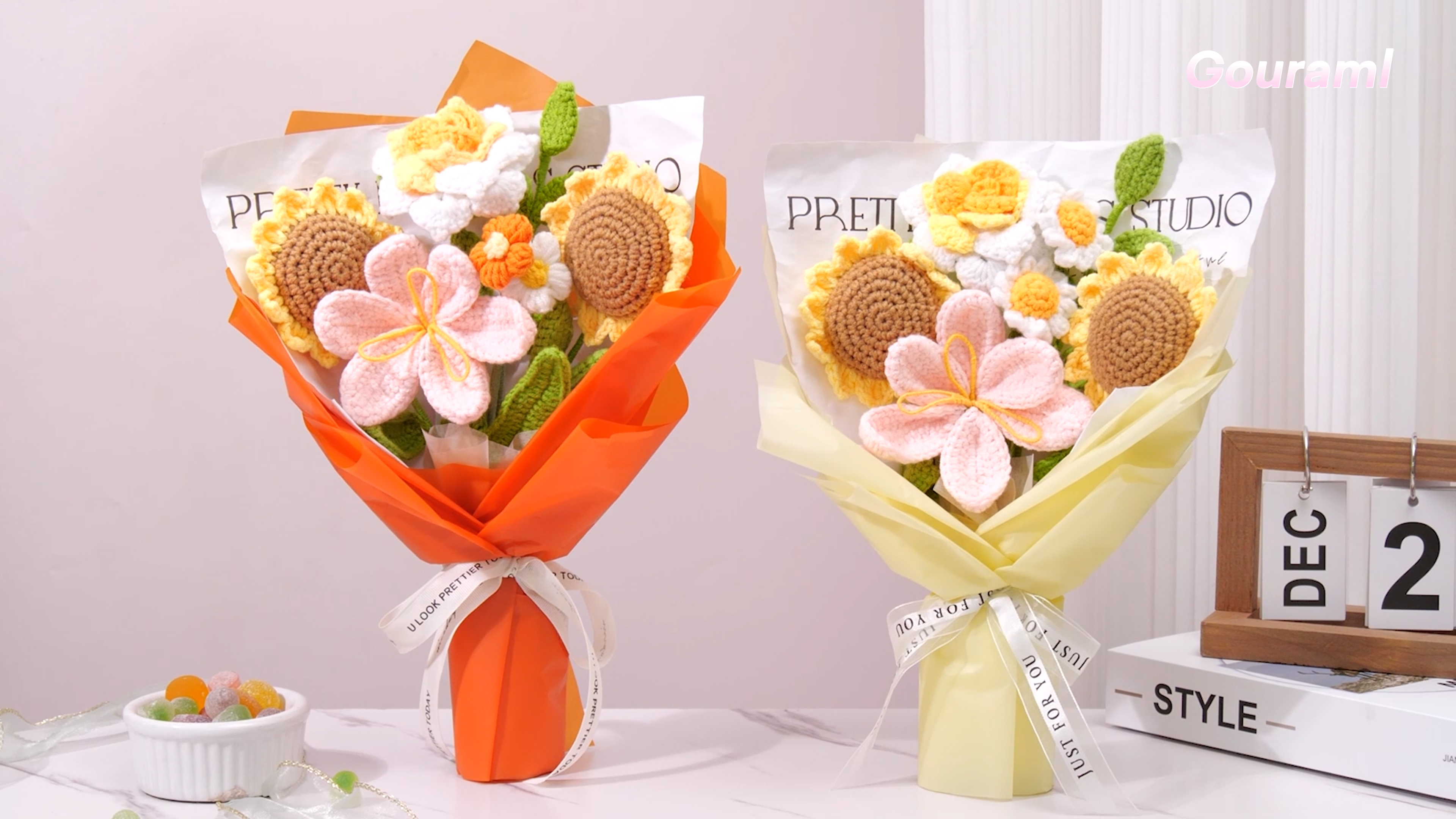 Crochet Flower Bouquet, Crochet Flowers Handmade Yellow Roses Sunflowers Bouquet, Romantic Gift for Her, Mother's Day, Wedding, Birthday, Graduation Gifts for Women Lover Friends (Sunflower)