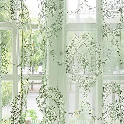 Miniatura 4 de Sutuo Home Juego de 2 cortinas de encaje verde oliva de 84 pulgadas de largo, paneles transparentes con bordado floral rosa con volantes, par de