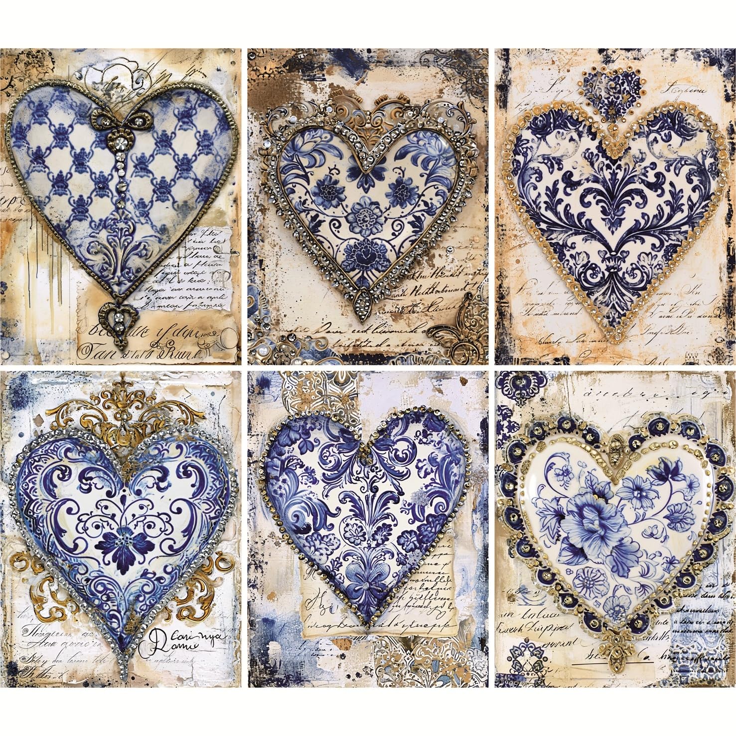 Delfter Reispapier, Herzen, 20,3 x 26,7 cm (A4), 6 Stück, 6 einzigartige Designs, vielseitige Decoupage-Designs für Kunstprojekte und Bastelarbeiten CRAFT KREATIVELY
