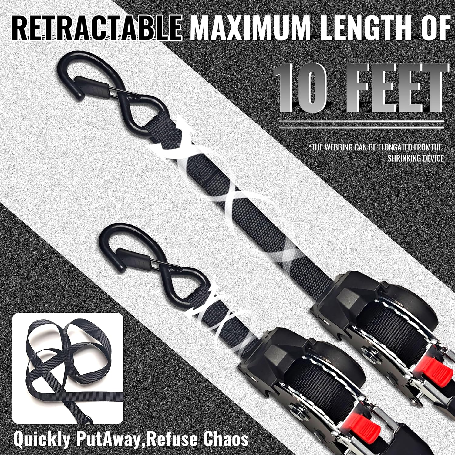 KJE Retractable Ratchet Straps, (4) 1" x 10' Tie Down Strap + (4) Soft Loop - Heavy Duty 1,650lb Max Break Strength, S-Hook with Clip, Self Retracting Ratchet Strap for Motorcycle, Kayak, ATVs, Boats Ratchet (4) 1" x 10' + (4) 1" x 15'