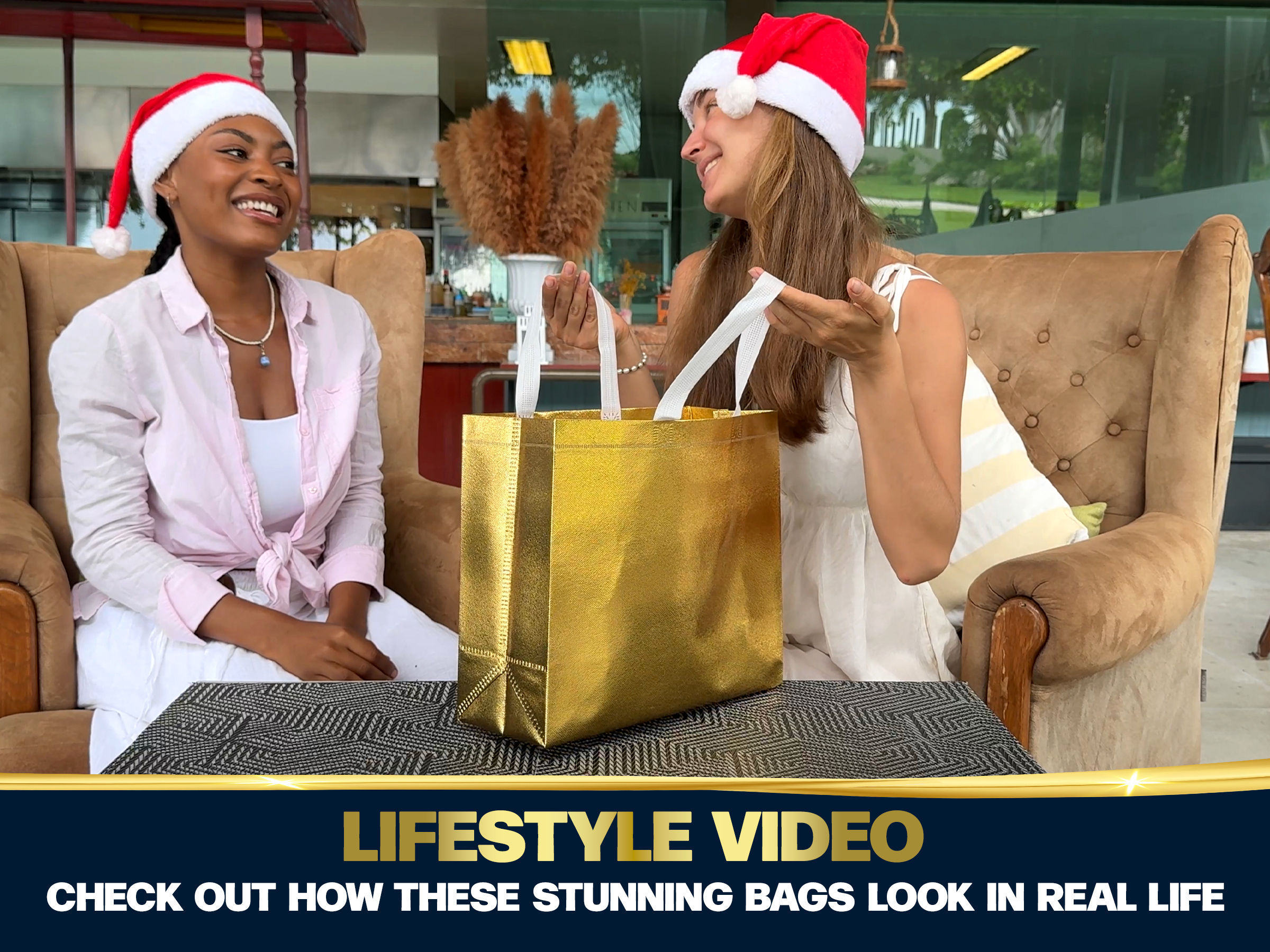 Nush Nush Large Gold Reusable Gift Bags With Handles - Set of 15, Bulk, Christmas, Birthday, Party Favor Bags - 13Wx5Dx11H