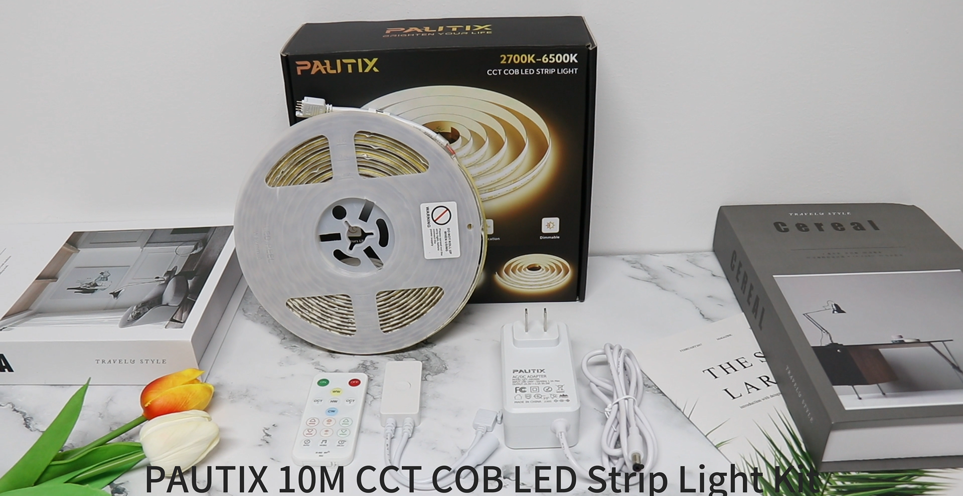 PAUTIX Striscia LED COB 10m – Bianco Naturale 4000K – IP65 Impermeabile – 24V 480LED/m – Dimmerabile Con Telecomando RF E Alimentatore