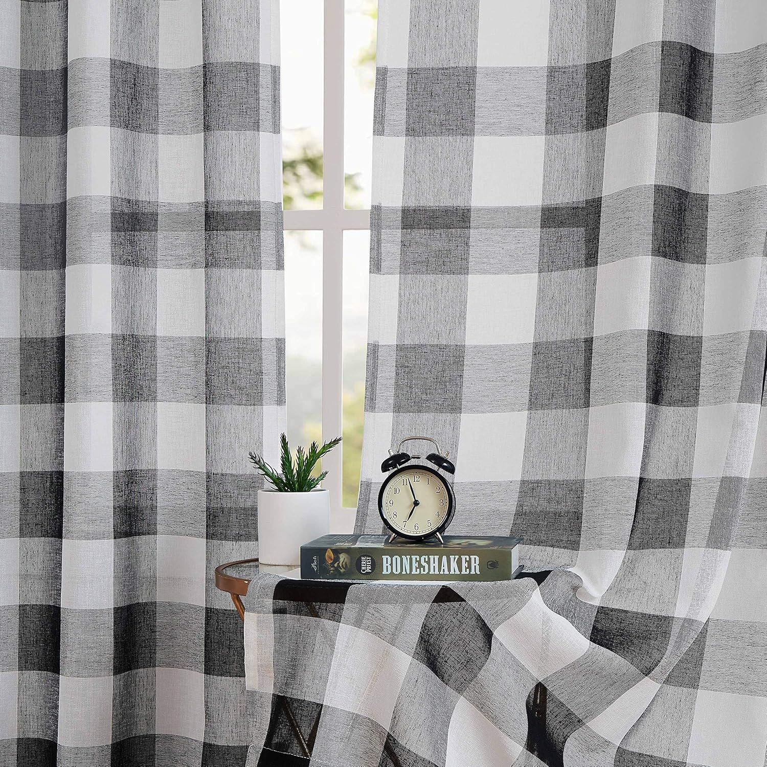 Black White Buffalo Plaid Sheer Window Curtain Panels 84 Inches Long,Rustic Voile Linen Textured Drape,Farmhouse Grid Grommet Top Window Treatment for Bedroom Living Room(2 Panels,40"x84",Black White)