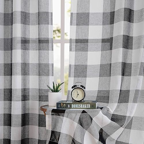 Miniatura 6 de Cortinas cortas de cuadros de búfalo en blanco y negro, de 63 pulgadas de largo, con paneles para ventana, estilo granja, para sala de estar, con