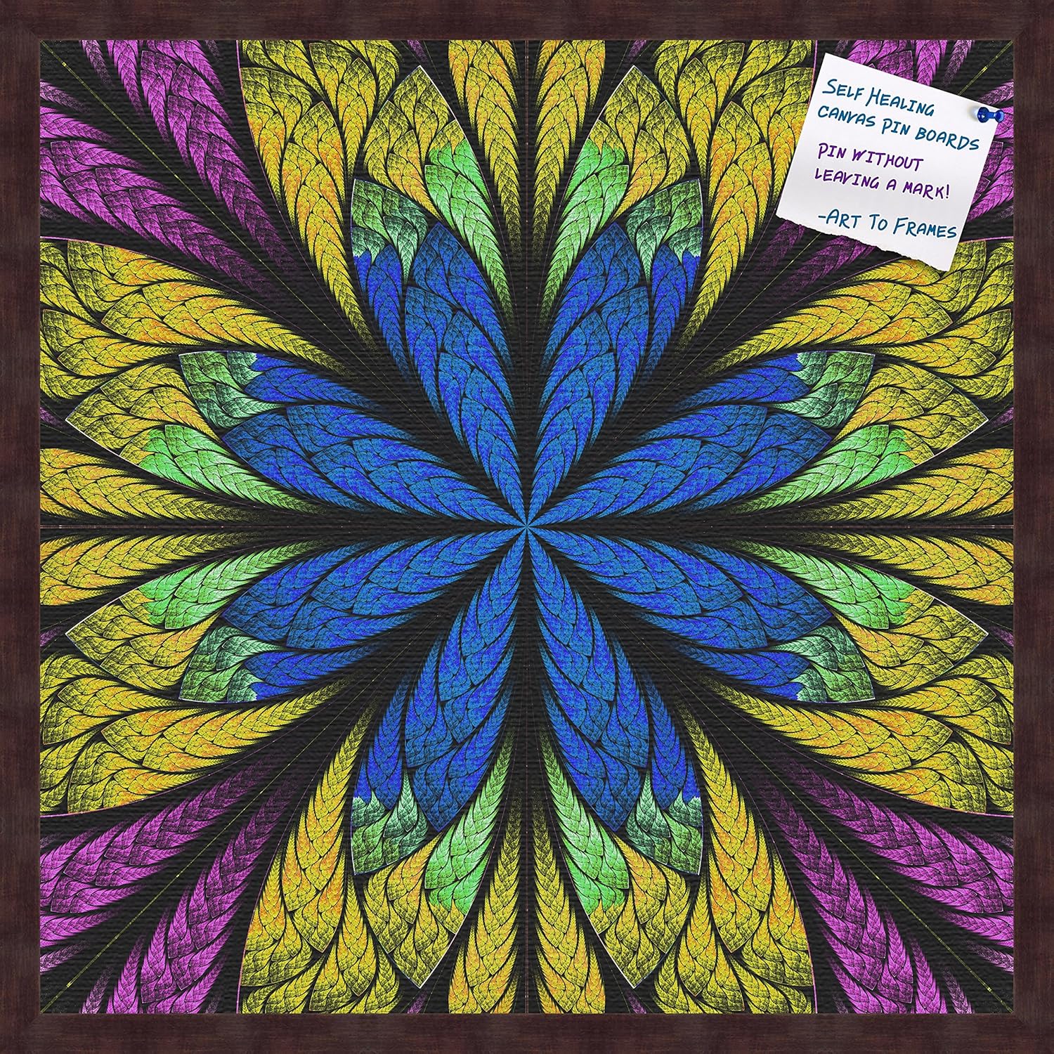 PinPix decorative pin cork bulletin board made from self-healing canvas, Fractal Psychedelic Flower printed at 24x24 Inches and framed in Coffee(WOM1343)