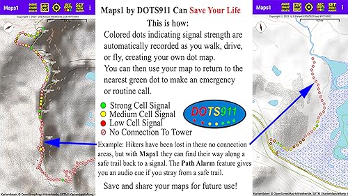 Maps1 Free Version Cell Signal Strength Dots along any Path