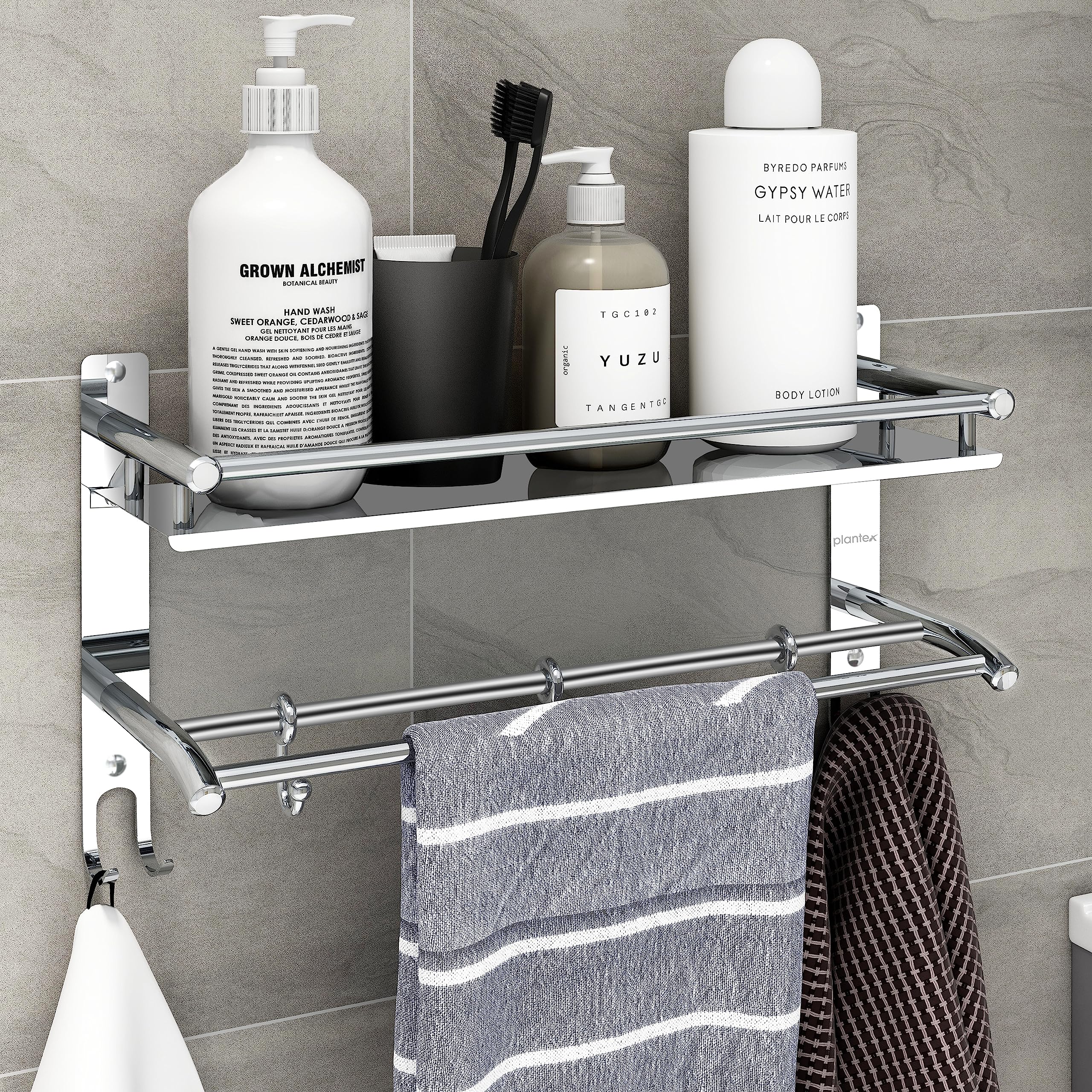 Plantex Bathroom Stand for Wall/Rack for Bathroom/Multipurpose Stainless Steel Bathroom Shelf with Hooks & Towel Holder/Bathroom Accessories (2-Tier, Chrome, Polished) (B08CY6F2SG) Amazon Price History, Amazon Price Tracker
