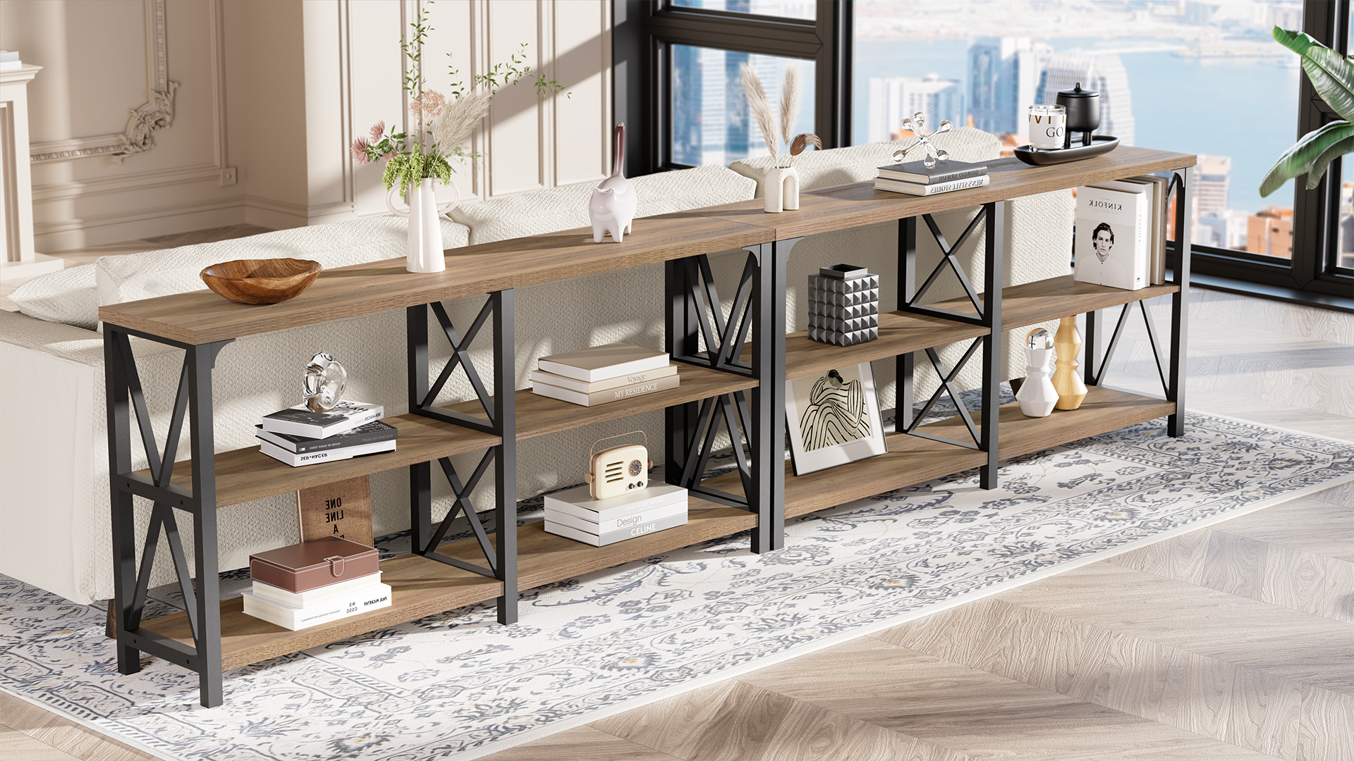 IBF 55" Industrial Console Table - Light Grey Oak 3-Tier Sofa Table With Metal Frame, Behind Couch Living Room