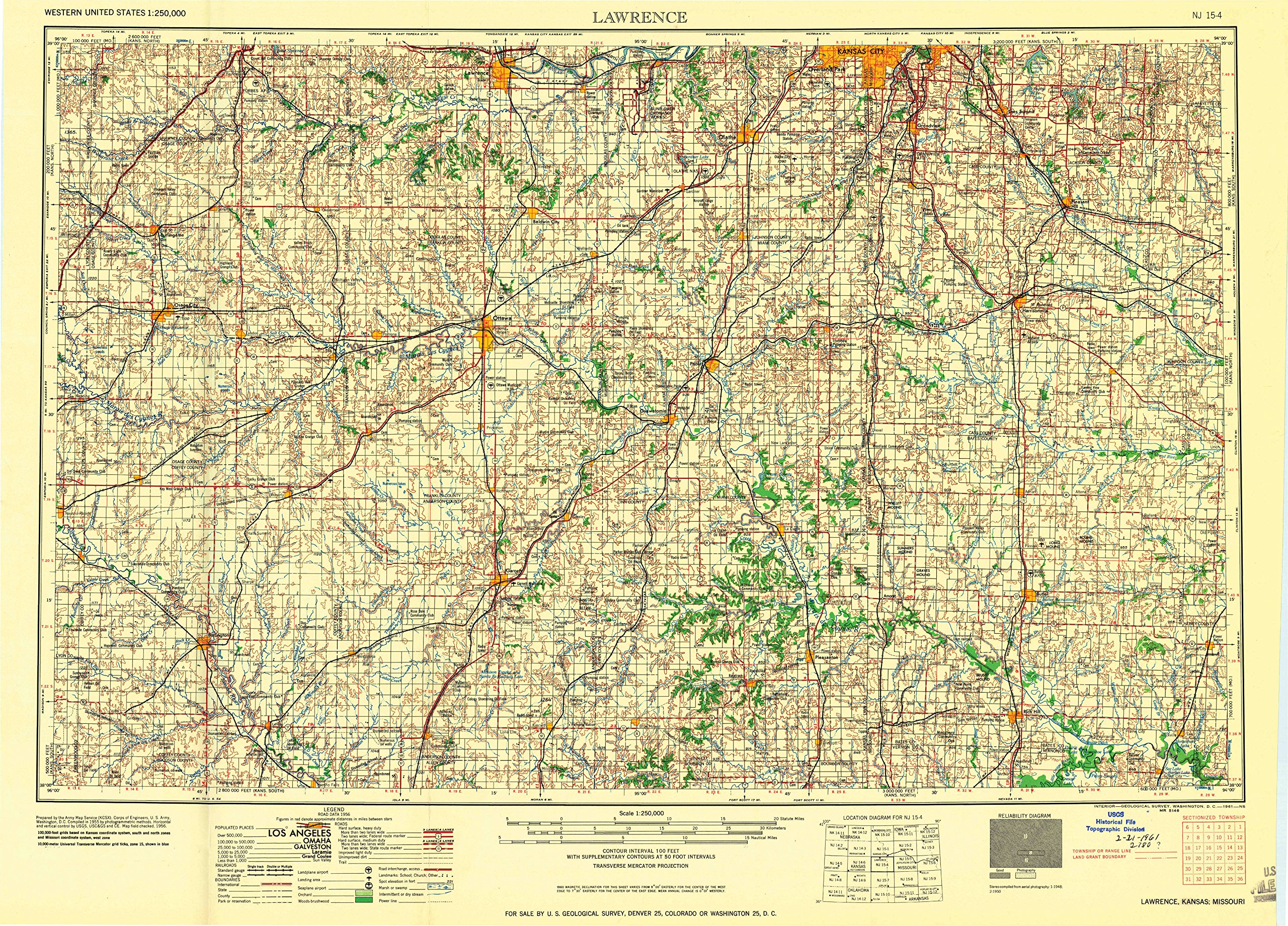 YellowMaps Lawrence KS topo map, 1:250000 Scale, 1 X 2 Degree, Historical, 1961, Updated 1961, 21.8 x 30.32 in - Polypropylene
