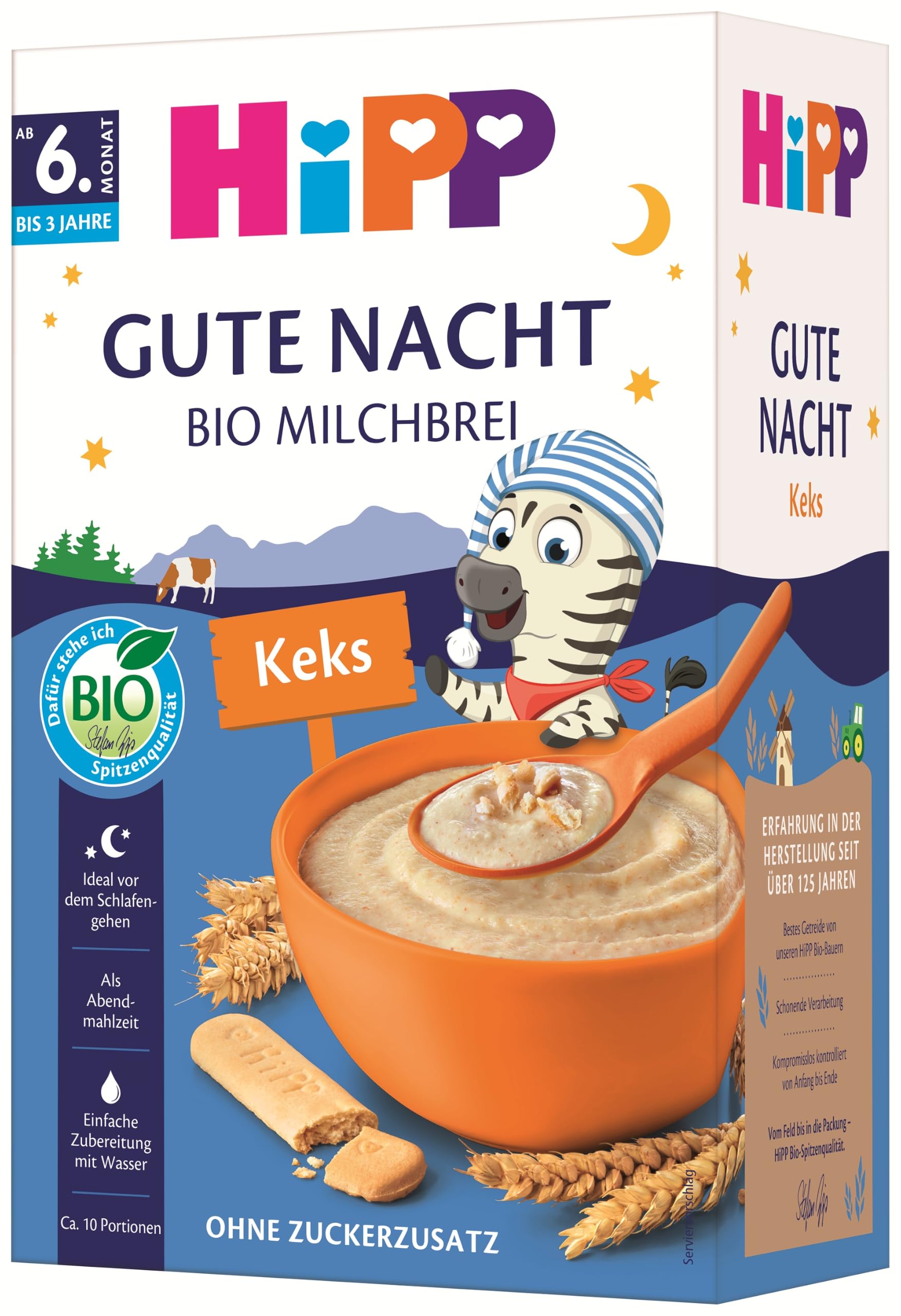HiPP Bio Milchbrei Gute-Nacht Kinderkeks (4 x 475g), ab 6. Monat, ohne Zuckerzusatz, mit babygerechtem Vollkorngetreide, schonende Verarbeitung - sanft zu Babys Bäuchlein